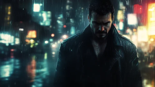 Noir subject in neon-saturated rainfield with cinematic focus.