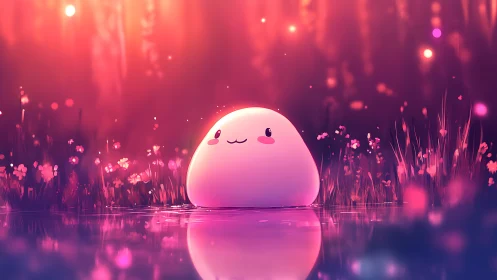 Luminous pastel blob character on reflective forest pond.