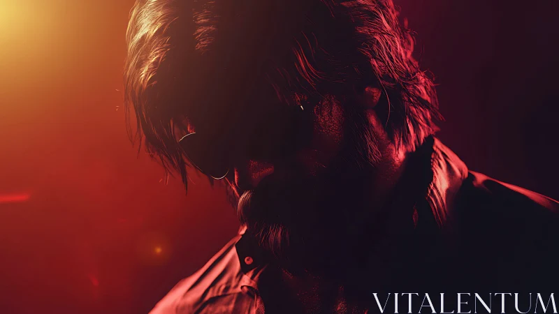Bearded man in sunglasses under strong red backlighting
