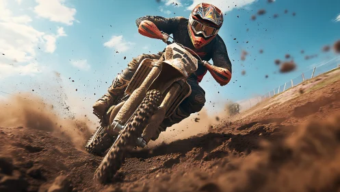 Motocross rider carves high-speed corner through flying dirt.