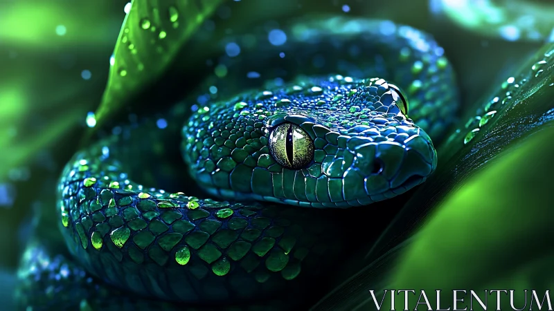 Iridescent viper coils with refractive rain-bead microtextures.