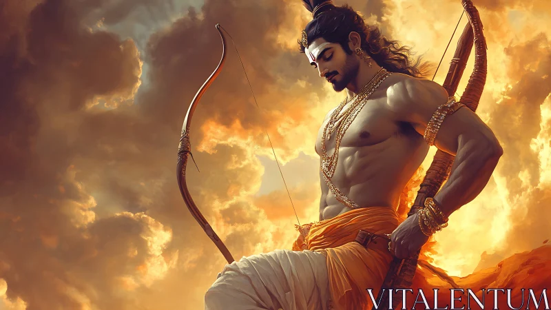 Mythic archer figure in golden sky with detailed bow.