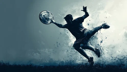 Silhouetted athlete in dynamic midair leap with flying disc.