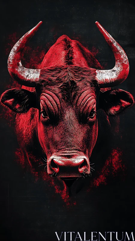 Bold red bull portrait glowing against deep dark shadows.