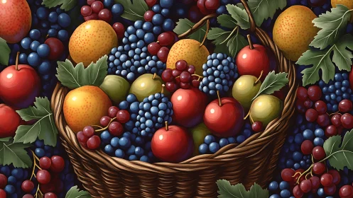 Digital still life basket unifies glossy fruit with dense foliage