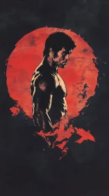 Male figure silhouette before textured red circular field.