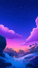 Stylized twilight valley landscape under star-filled sky