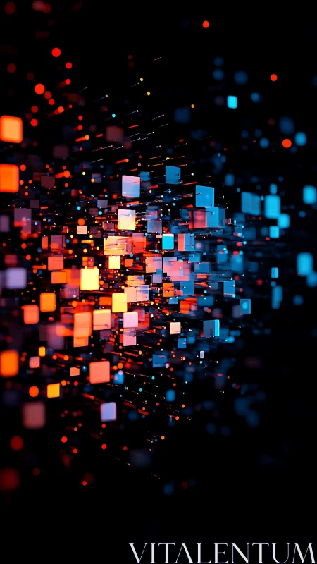 3D volumetric data blocks in neon red and cyan perspective field.