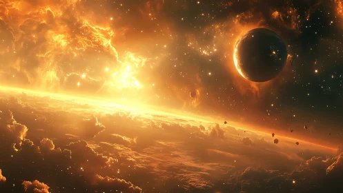 Rendered planetary horizon intersects dense orange nebular field