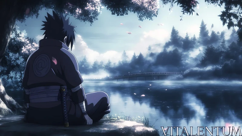 Quiet warrior gazes over a misty lakeside bridge at dusk