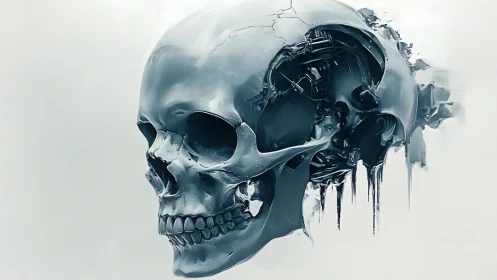 Fragmented metallic skull with exposed internal structures.
