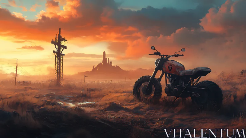Motorcycle stands in arid plain beneath dense sunset clouds