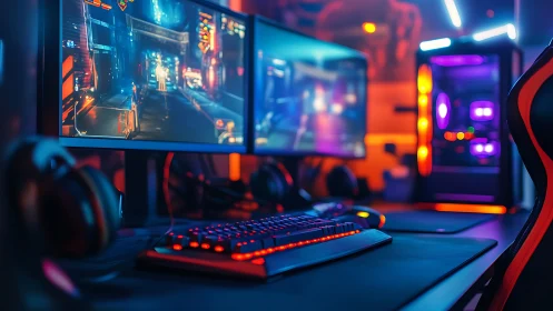 RGB-lit dual monitor gaming setup glows in neon ambience