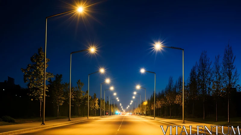 Empty urban road at night with bright street lighting.