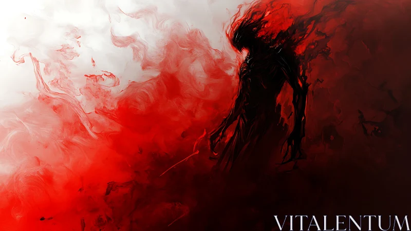 Shadow entity emerging through abstract crimson smoke field.