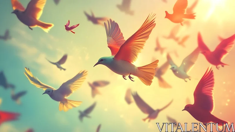 Color-graded flock of stylized birds under soft volumetric lighting