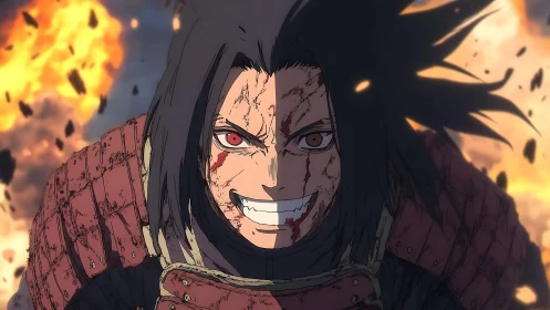 Battle-scarred warrior grinning amid explosive chaos.