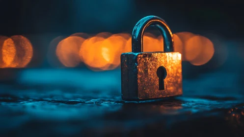 Rusted Padlock with Warm Glow: Cyberpunk Security Concept.