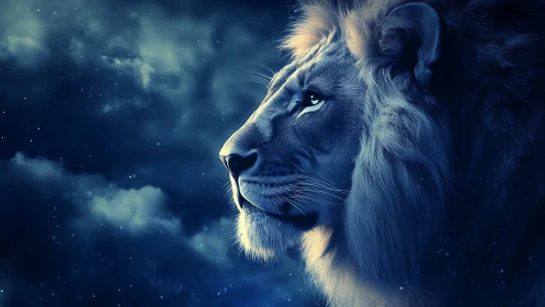 Nocturnal lion profile under luminous starfield sky