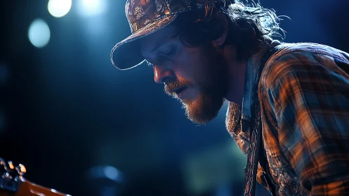 Quiet spotlight on a flannel clad guitarist lost in sound.