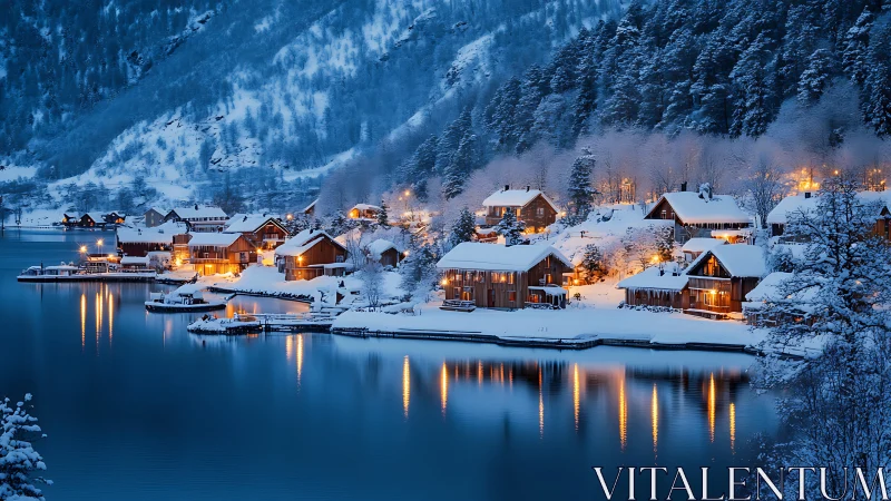Snowlit cabins trade whispers with the blue mountain lake