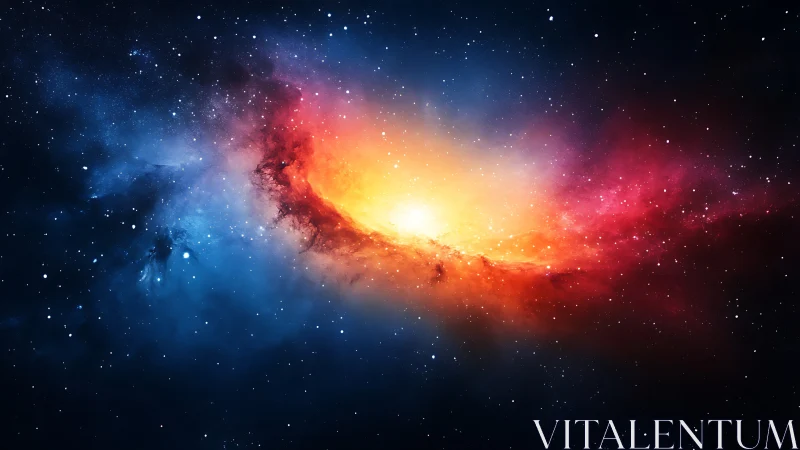 Cosmic nebula flares in vivid blue, gold, and crimson light.