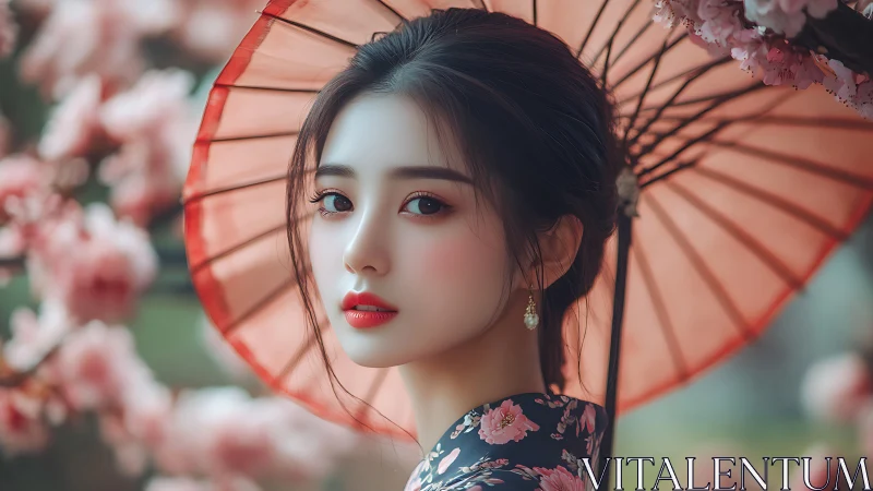 Gentle spring gaze meets soft petals and a quiet umbrella