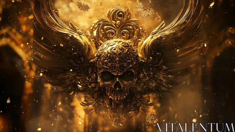 Winged golden skull sculpture floats amid glowing particles