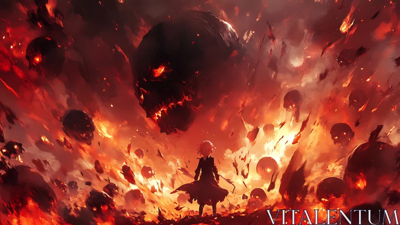 Lone figure facing giant fiery skulls in burning sky.