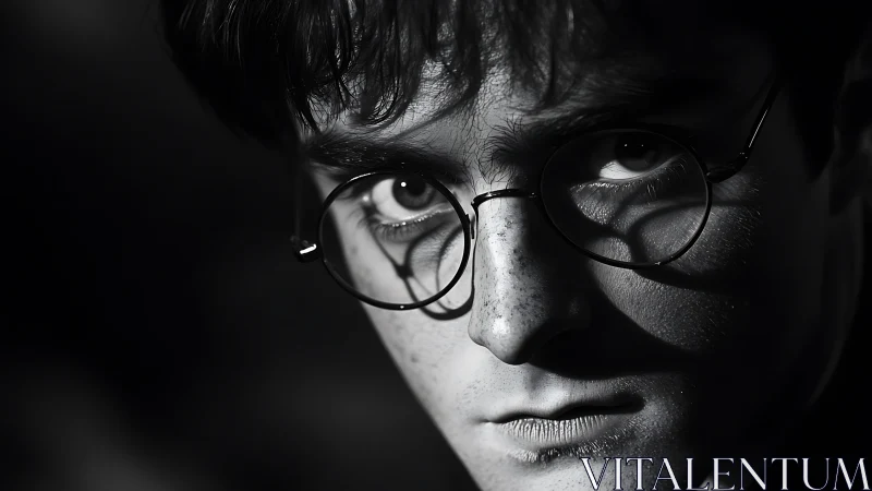 Intense monochrome portrait with circular eyeglasses and shadow.