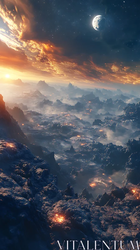 Volcanic alien landscape under burning cosmic sunrise.