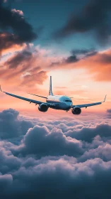 Commercial jetliner cruising above dense cloud layer at dusk.