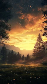 Golden sunset glows gently over a quiet mountain forest