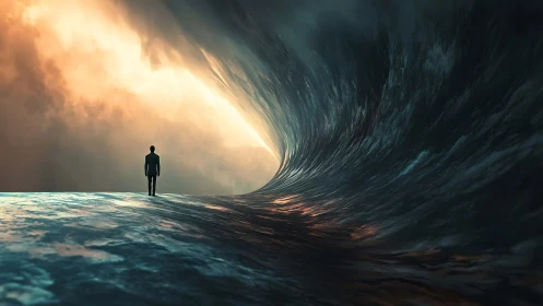 Solitary figure assesses colossal curling wave under dynamic light