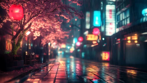 Gentle rain colors a lantern lit street under cherry blossoms