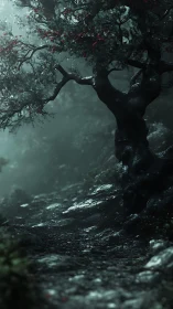 Twisted forest tree beside misty stone path at dusk.