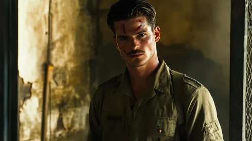 Battle-scarred soldier in molten light of ruined corridor.