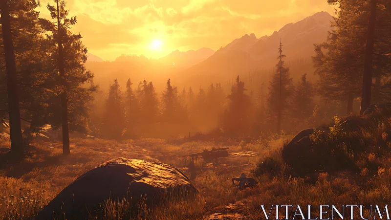 Sunlit conifer forest valley with distant mountain range at dusk.