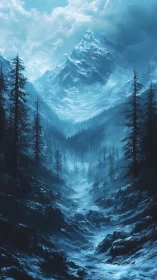 Glacial alpine ravine under storm-laden cumulonimbus sky