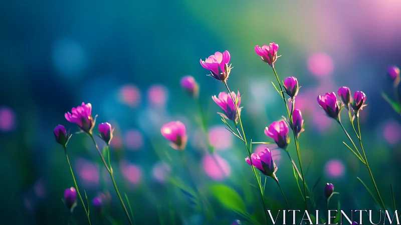 Magenta flowers blooming against teal-blurred background.