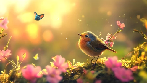 Sunlit robin and butterfly trading secrets in blossom haze.