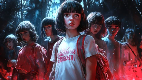 Group of children standing in dense forest at night.