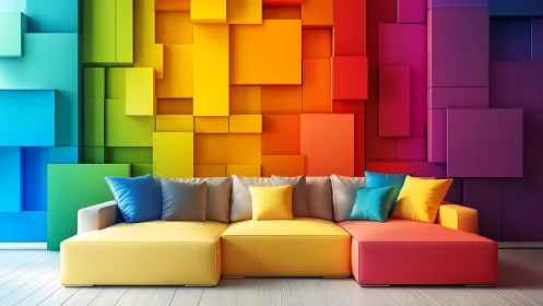 Modular sofa anchors a vivid geometric rainbow accent wall