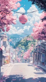 Steep cherry-blossom avenue with suspended lantern perspective.