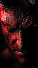 Intense close-up of red horned demon face in shadow.
