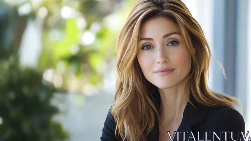 Confident woman with blonde hair in natural light portrait.