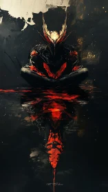 Symmetric infernal avatar in reflective sanguine stillness.