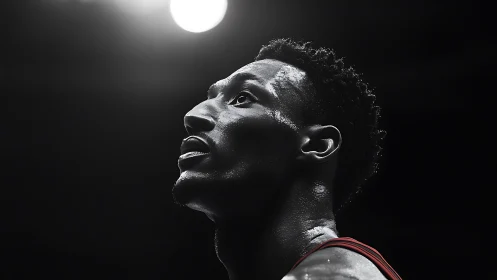 Dramatic courtside portrait of focused basketball player.