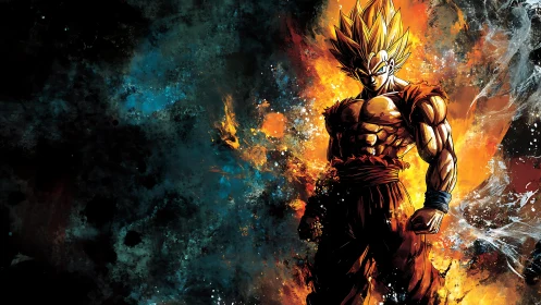 Fiery anime warrior stands blazing against cosmic darkness