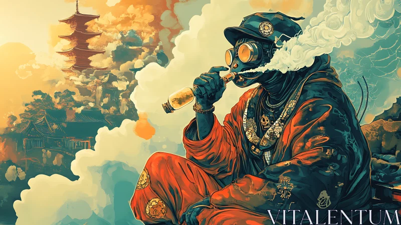 Cyber monk with pipe amid retrofuturist temple clouds.